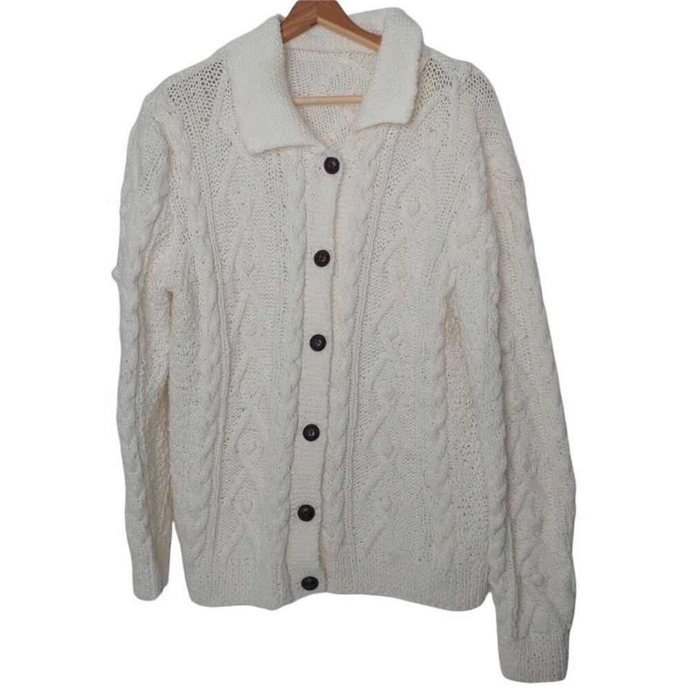 Handknit Womens L Fishermans Sweater Aran Cable Knit Ivory Cardigan Collared